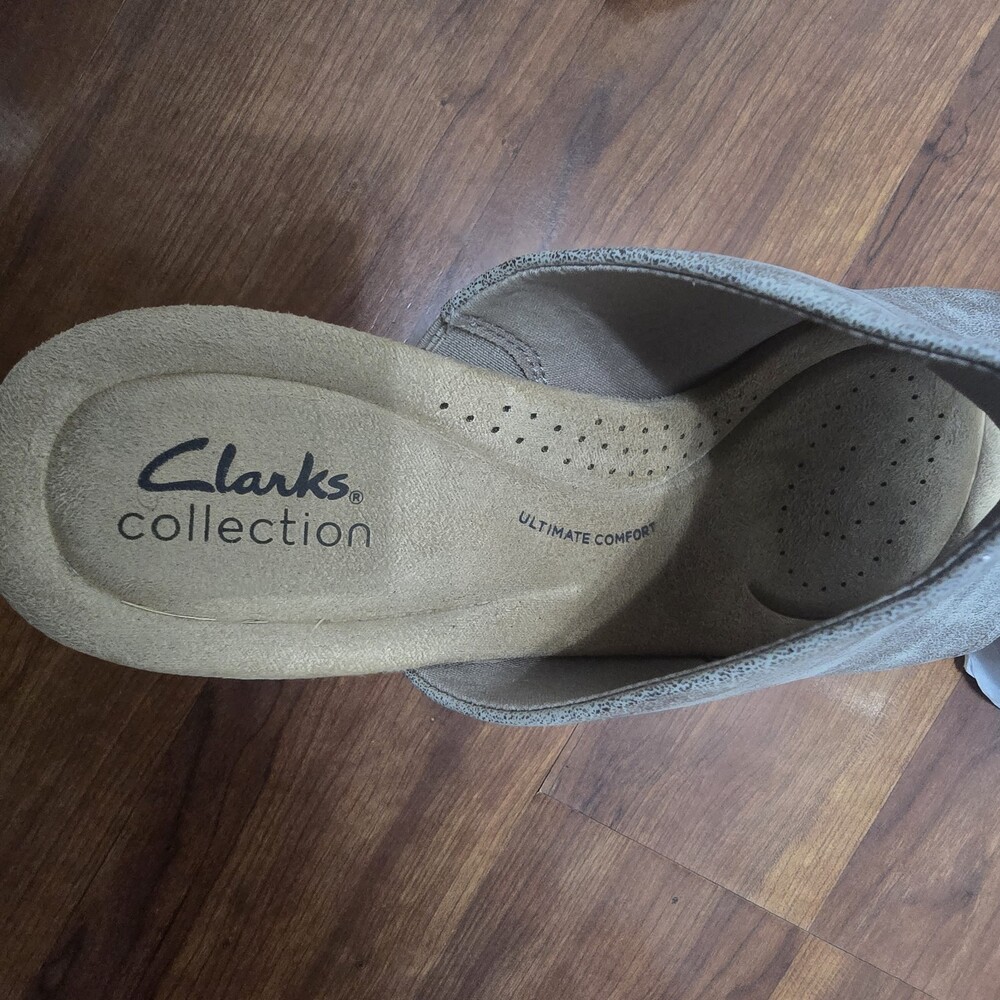 Clarks Womens Nerisa Vine Taupe Metallic Gold Mule Slipper With Cork Heel 9 Read - Picture 9 of 13